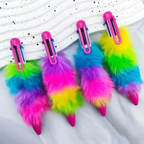 6-Color Retractable Ballpoint Pen Plush Rainbow Gradient Tail Creative Student Stationery Multi-Color Pen For School Office