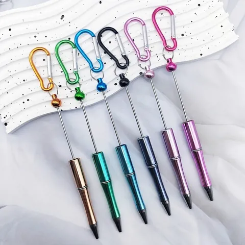 Electroplated Metallic Beadable Ballpoint Pen With Outdoor Carabiner Creative DIY Writing Pen Portable Student Stationery