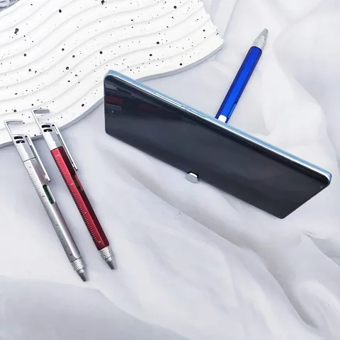 6-In-1 Multi-Functional Tool Pen With Level Ruler Screwdriver Stylus Phone Stand Ballpoint Pen Plastic Office School Supplies