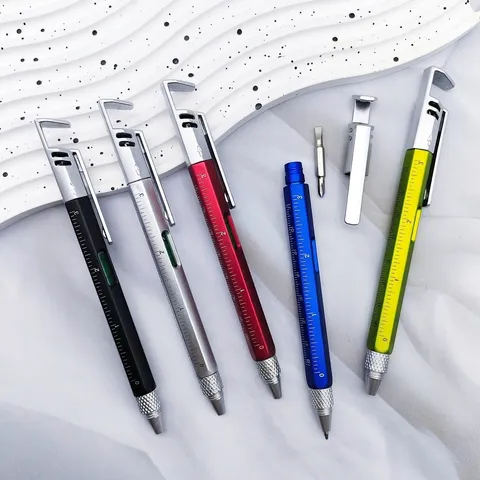 6-In-1 Multi-Functional Tool Pen With Level Ruler Screwdriver Stylus Phone Stand Ballpoint Pen Plastic Office School Supplies