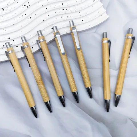 Natural Bamboo Ballpoint Pen Eco Friendly Retractable Business Office Stationery Writing Pen With Metal Clip For Gift School