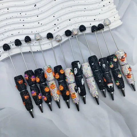 Halloween DIY Beaded Ballpoint Pen Sparkling Rhinestone Pumpkin Ghost Pattern Stationery Gift For School Office Party Supplies