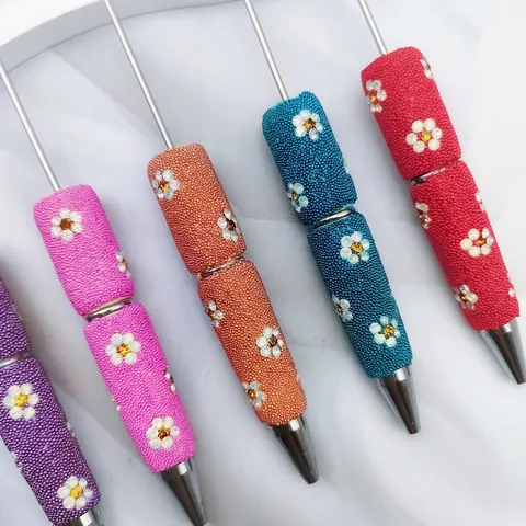 Creative DIY Beaded Ballpoint Pen Rhinestone Daisy Flower Pattern Metal Rotating Pen Handmade Beaded Writing Pen Gift Stationery For Women