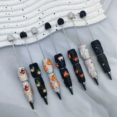 Halloween DIY Beaded Ballpoint Pen Sparkling Rhinestone Pumpkin Ghost Pattern Stationery Gift For School Office Party Supplies