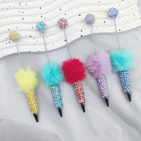 Luxury Rhinestone Artificial Pearl Beaded Ballpoint Pen With Plush Fur Ball Cute Handmade Writing Pen Office School Supplies Women Gift