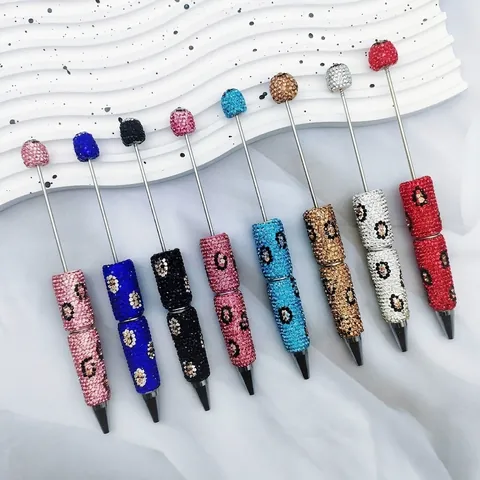 Luxury Leopard Print Rhinestone Beaded Ballpoint Pen Heavy Craft Rotating Metal Pen For Office Gift Women Stationery