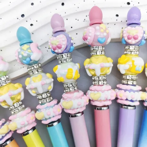 DIY Beaded Ballpoint Pen With Stylus Tip Gradient Resin Cream Magic Wand Stylus Pen Rhinestone Stationery Gift For Women Students