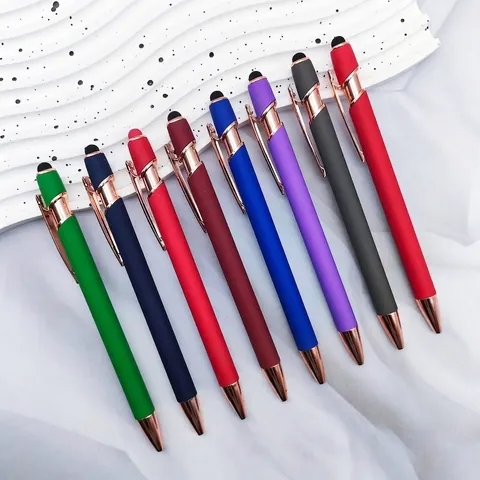 Retractable Aluminum Ballpoint Pen With Stylus Tip Rose Gold Metal Accents Soft Touch Rubberized Barrel Writing Pen