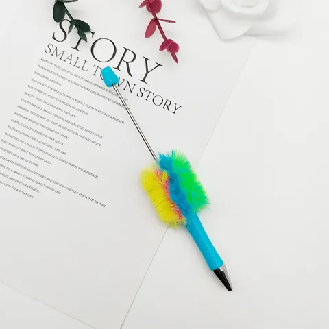 DIY Beaded Ballpoint Pen Furry Pom Pom Rainbow Gradient Leopard Print Cute Decorative Writing Pen For Office School