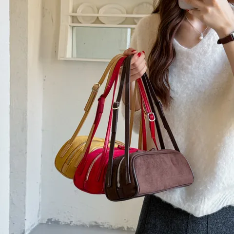 Women's Suede Bowling Bag 2026 Spring Summer Contrast Color Minimalist Shoulder Bag Underarm Baguette Bag For Daily Commuting