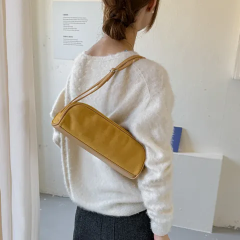 Women's Suede Bowling Bag 2026 Spring Summer Contrast Color Minimalist Shoulder Bag Underarm Baguette Bag For Daily Commuting