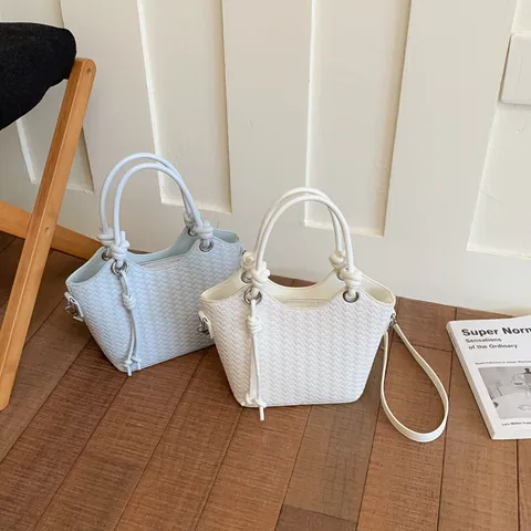 Women Woven PU Leather Bucket Bag Korean Style Ins Fashion Handbag Single Shoulder Crossbody Bag With Adjustable Strap
