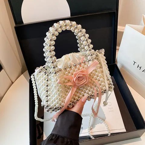 Borsa In PVC Intrecciata A Mano Borsa A Secchiello Con Perle Borsa A Mano Modale Fatta A Mano Con Tracolla Di Perle Borsa A Tracolla