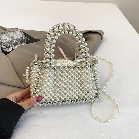 Borsa In PVC Intrecciata A Mano Borsa A Secchiello Con Perle Borsa A Mano Modale Fatta A Mano Con Tracolla Di Perle Borsa A Tracolla