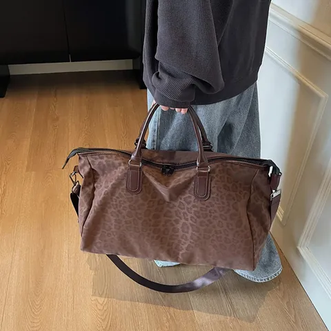 Fashion Leopard Print Large Capacity Canvas Travel Bag Trendy Crossbody Shoulder Handbag Multi-functional Duffel Bag For Women