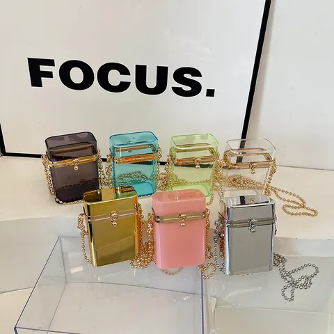 Women's Fashion Acrylic Transparent Box Bag Crossbody Evening Clutch With Beaded Handle Metal Chain Hard Shell Handbag