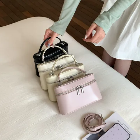 Dames Stijlvolle PU Leren Doos Schoudertas Exquise Vanity Case Handtas Met Handvat Afneembare Schouderriem Dubbele Rits