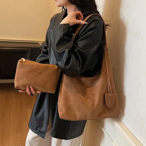 Women Vintage Minimalist Large Tote Bag High Quality Synthetic Leather PU Solid Color Hobo Shoulder Bag With Sub-bag Handbag