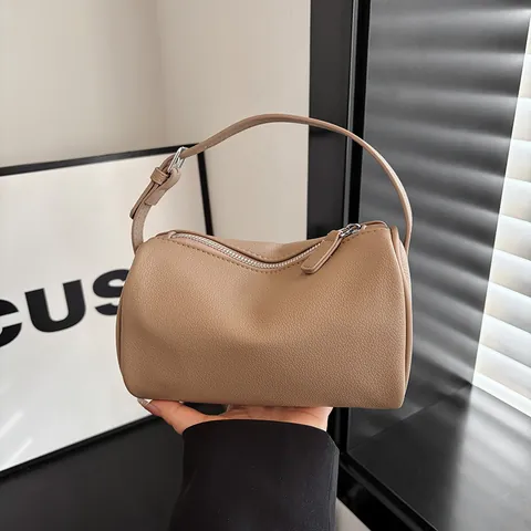 Women Minimalist PU Leather Lychee Pattern Pillow Bag Cylindrical Underarm Handbag Vintage Quality Textured Crossbody Bag