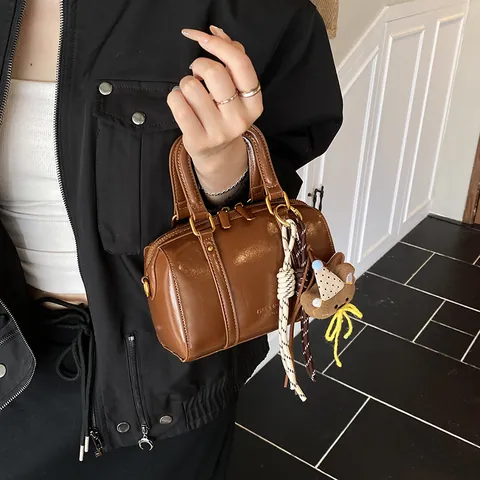 Vintage Women Mini Boston Bag Glossy PU Leather Top Handle Bag Solid Color Crossbody Shoulder Handbag With Bear Pendant