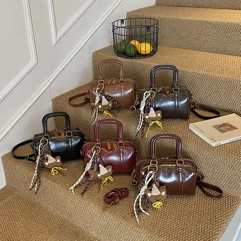 Vintage Women Mini Boston Bag Glossy PU Leather Top Handle Bag Solid Color Crossbody Shoulder Handbag With Bear Pendant