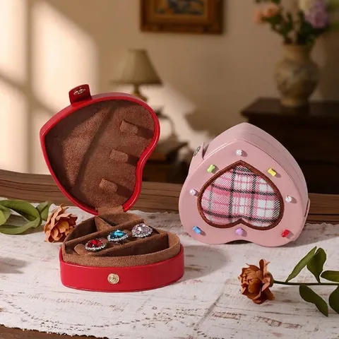 Portagioie a Forma di Cuore Portatile in Pelle PU e Velluto per Anelli e Orecchini Scatola Regalo con Decorazione a Quadri e Perle