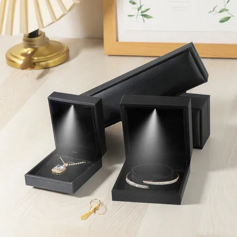 LED Light Jewelry Box Black Brushed Texture Case For Ring Necklace Bracelet Pendant Jewelry Storage Display Packaging Gift Case