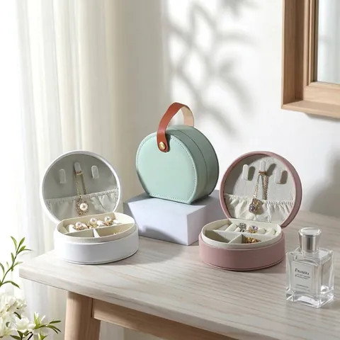 Portable Semi Circular Jewelry Box PU Leather Handheld Travel Jewelry Organizer Case For Rings Necklaces Earrings Storage Bag