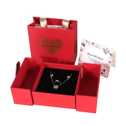 Romantische Doppeltür Schmuck Geschenkschachtel Mit Tragetasche Grußkarte Geprägte Rose Herz Valentinstag Geschenkbox Für Halskette Ring Ohrring