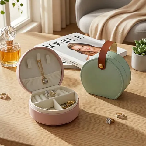Portable Semi Circular Jewelry Box PU Leather Handheld Travel Jewelry Organizer Case For Rings Necklaces Earrings Storage Bag