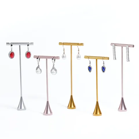 Minimalist T-Shaped Metal Jewelry Display Stand Stable Conical Base Earring Stud Holder Gold Silver Rose Gold Earring Rack Organizer