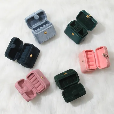 Mini Portable Jewelry Box Fashion PU Leather Velvet Stud Earrings Rings Organizer Case Travel Small Jewelry Storage Box With Snap Button