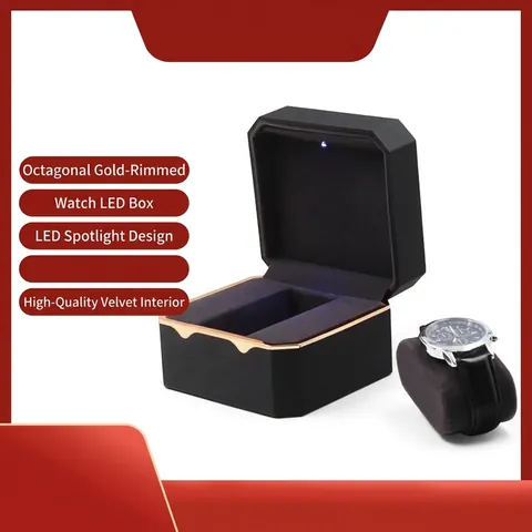 Luxury Octagonal LED Watch Box with Gold Rim Velvet Lining Jewelry Display Case Gift Storage Box for Watches
