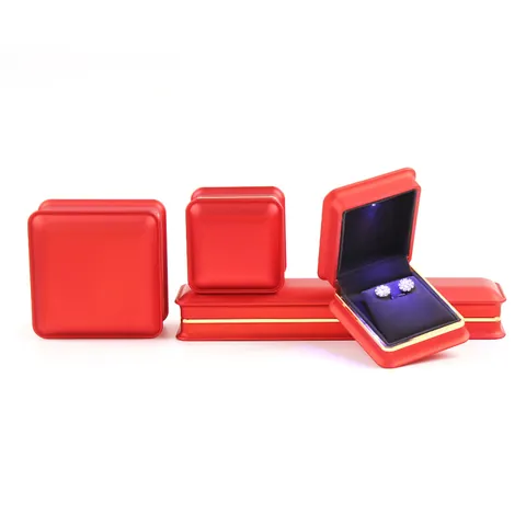 Luxury LED Light Jewelry Box Gold Trim Velvet Interior Ring Pendant Necklace Bracelet Display Organizer Case Engagement Wedding Gift Case