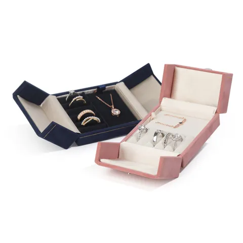 Luxury Velvet Double Door Jewelry Box With Gold Trim For Rings Earrings Necklaces Pendants Set Storage Gift Box