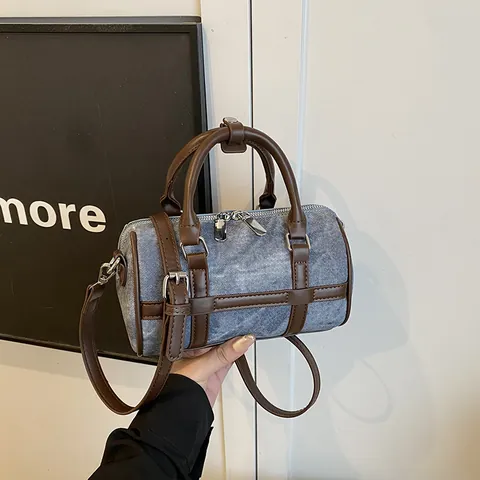 Women Frosted PU Leather Boston Bag Retro Korean Cylinder Handbag Small Shoulder Crossbody Bag With Adjustable Strap