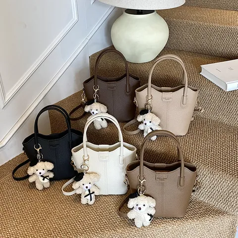 Women Minimalist PU Litchi Texture Bucket Bag Versatile Small Handbag Single Shoulder Crossbody Bag With Plush Charm Accessory
