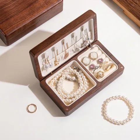 Vintage Walnut Wood Jewelry Box Rectangular Wooden Storage Organizer With Velvet Lining For Rings Necklaces Bracelets Case