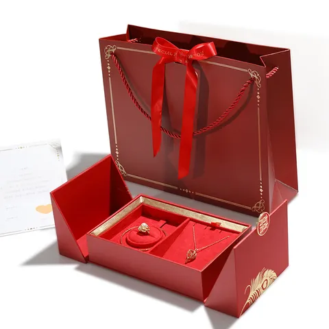 Traditionelle Chinesische Hochzeits Schmuckschatulle Set Roter Samt Schmuck Aufbewahrungskoffer Drache Phönix Goldprägung Geschenkbox