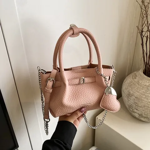 Sac Seau en Cuir Artificiel pour Femme Texture Litchi Simple Couleur Unie Sac à Bandoulière Portable Avec Pendentif Coeur
