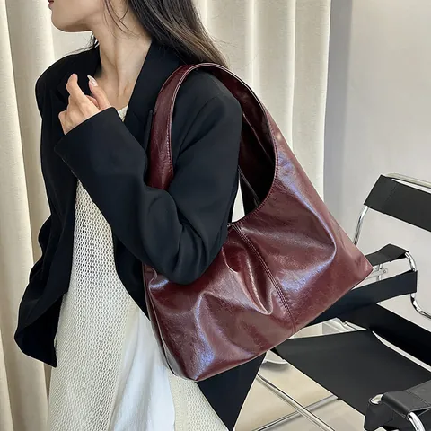 Sac Cabas Femme Rétro Rouge Bordeaux en Cuir PU Grande Capacité Mode Vintage Sac à Épaule Sac Sous le Bras Main