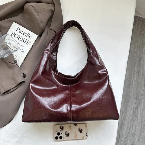 Sac Cabas Femme Rétro Rouge Bordeaux en Cuir PU Grande Capacité Mode Vintage Sac à Épaule Sac Sous le Bras Main