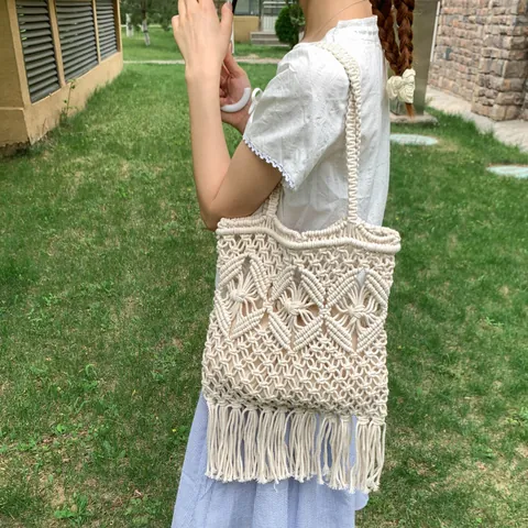Women's Hand-woven Macrame Tote Bag Bohemian Tassel Shoulder Bag Hollow Knit Casual Beach Handbag