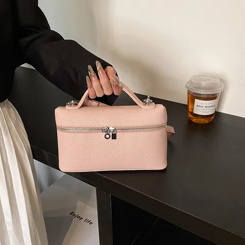 Women PU Leather Litchi Pattern Boxy Handbag Retro Shoulder Crossbody Bag With Top Handle And Silver Zipper Fashion Bag
