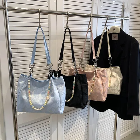 Women Sweet Heart Pattern Satin Tote Bag Fresh Colorful Beaded Chain Underarm Shoulder Bag Chic Jacquard Design Handbag