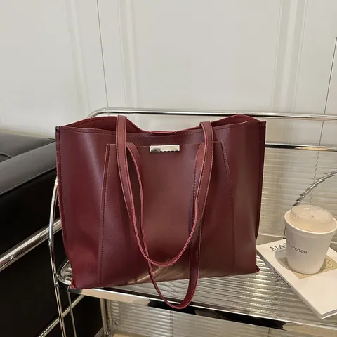 Sac Fourre-tout Vintage en Similicuir pour Femmes Grande Capacité Couleur Unie Sac à Épaule Rouge Vin Navettage Sac à Main