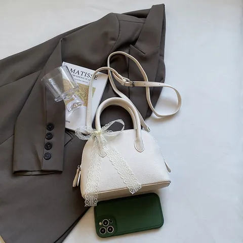 Bolso de Concha Elegante para Mujer Cuero PU Lazo de Encaje Bolso de Mano Pequeño Bolso Bandolera para el Trabajo Diario Fiesta