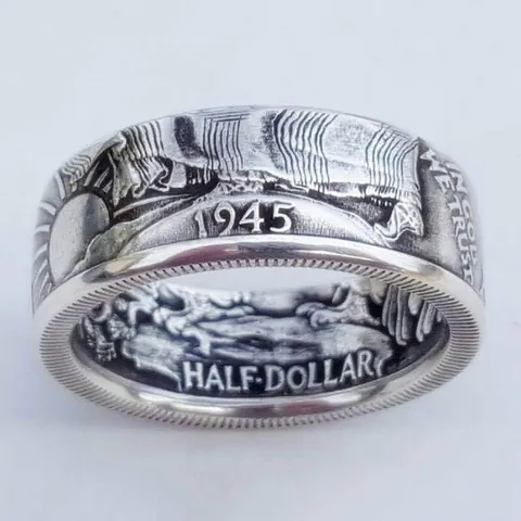 Vintage Antik Morgan Münze Ring Für Herren Damen 1945 Half Dollar Retro Distressed Legierung Fingerring Schmuck Geschenk