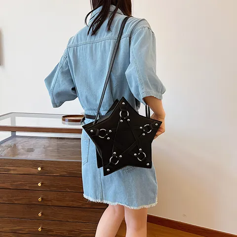 Fashion Star Shape Women Shoulder Bag PU Leather Rivet Crossbody Bag Punk Style Gothic Designer Pentagram Commute Handbag
