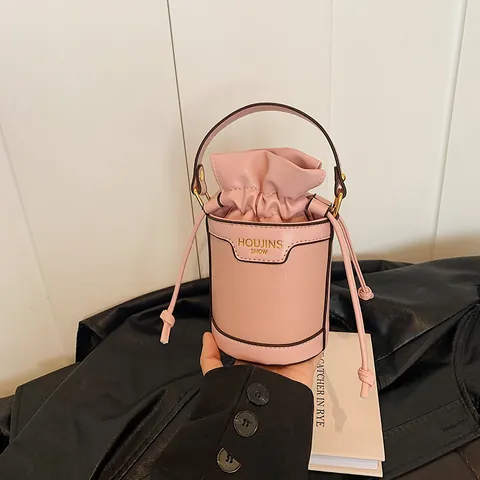 Women Casual Cylindrical PU Leather Bucket Bag Drawstring Spliced Stitching Portable Shoulder Crossbody Handbag For Daily Matching